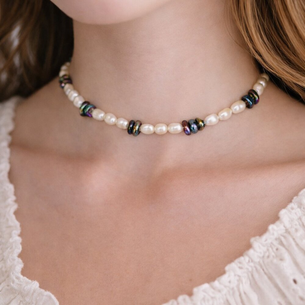 Patch&Roam Faux Seed Pearl Choker – Rainbow Hematite Boho Witchy Y2K Festival